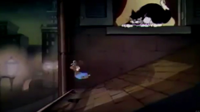 The Country Cousin - cartoon tuxedo cat chasing country mouse out of window onto roof