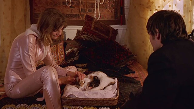 CQ - Valentine Dragonfly Angela Lindvall and Paul Jeremy Davies sitting with calico cat and kittens