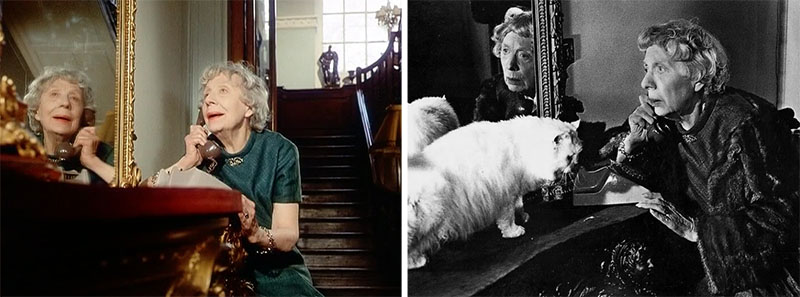 Craze - comparison of scene from movie with publicity shot showing Aunt Louise Edith Evans on telephone with and without longhair white cat