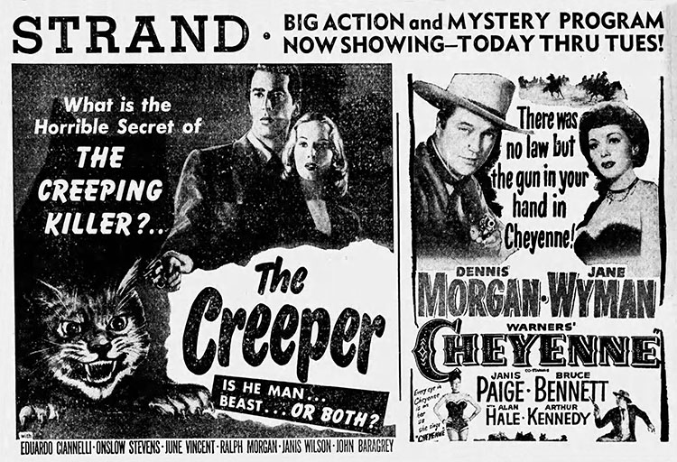 The Creeper - newspaper advertisement for The Creeper playing with Cheyenne