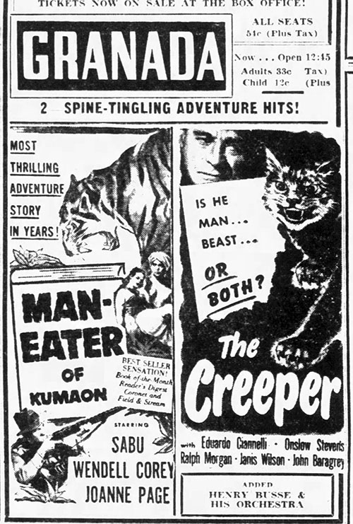 The Creeper - newspaper advertisement for The Creeper playing with Maneater of Kumaon