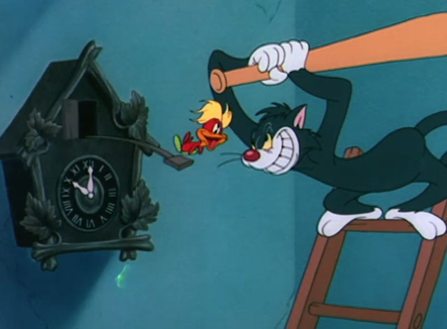 The Cuckoo Clock - black and white cat threatening cuckoo clock with baseball bat