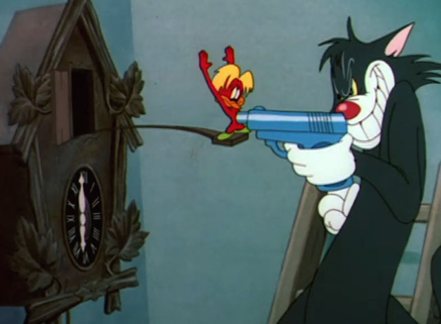The Cuckoo Clock - black and white cat pointing gun at cuckoo