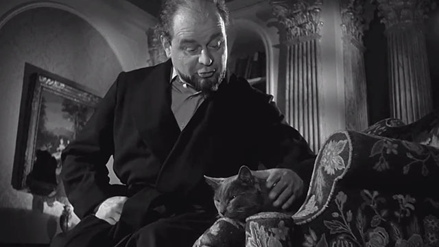 Curse of the Demon - grey Grimalkin cat in chair being petted by Dr. Karswell Niall MacGinnis