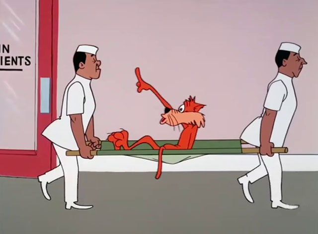 Daffy Rents - cartoon ginger tabby cat going crazy being carried on stretcher by two men