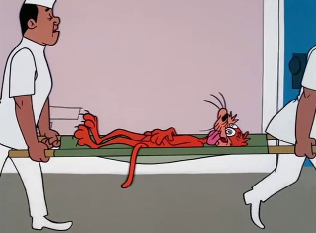 Daffy Rents - cartoon ginger tabby cat going crazy being carried on stretcher by two men