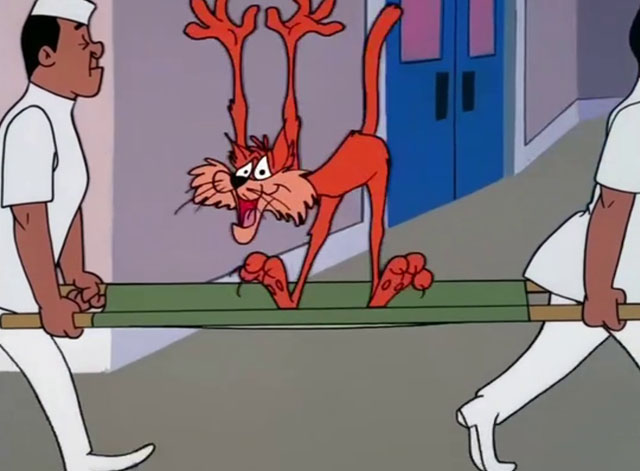 Daffy Rents - cartoon ginger tabby cat going crazy being carried on stretcher by two men