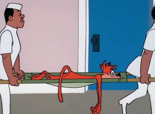 Daffy Rents - cartoon ginger tabby cat going crazy being carried on stretcher by two men