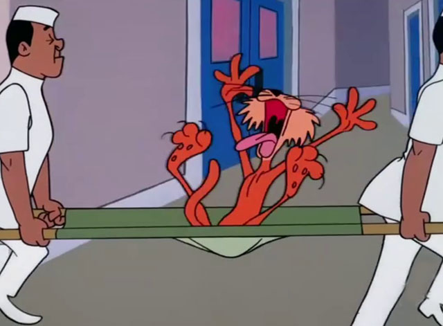 Daffy Rents - cartoon ginger tabby cat going crazy being carried on stretcher by two men