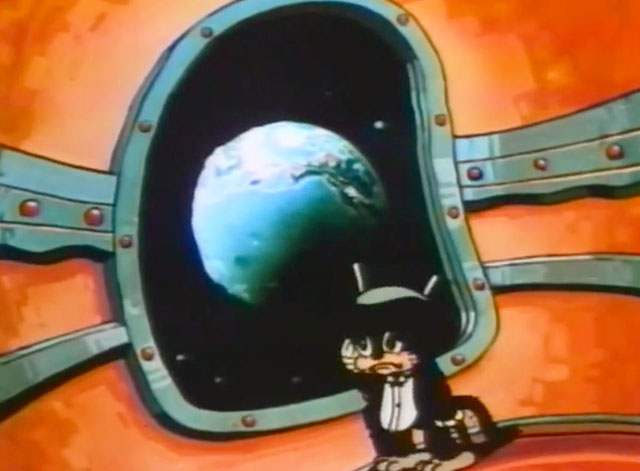 Dancing on the Moon - cartoon groom cat sitting in rocketship leaving Earth