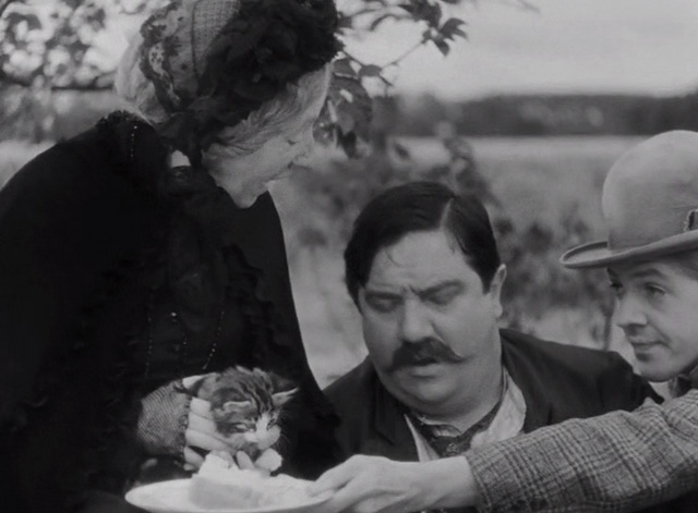 A Day in the Country - grandmother Gabrielle Fontan sitting and holding tabby kitten at picnic closer
