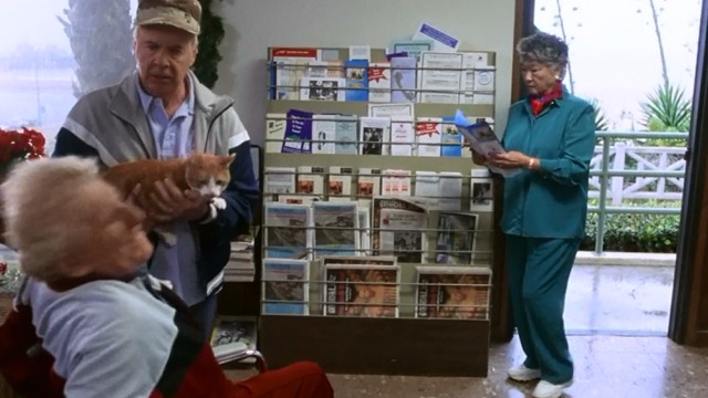 Dear God - Herman Dooly Tim Conway trying to hand orange and white cat to man in wheelchair