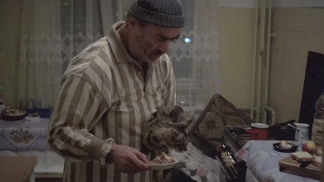 The Death of Mr. Lazarescu - Ion Fiscuteanu holding brown tabby cat Mirandolina