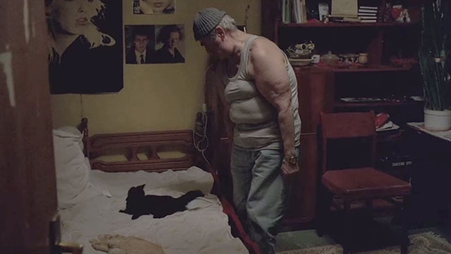 The Death of Mr. Lazarescu - Ion Fiscuteanu placing black kitten Fritz on bed with sleeping ginger tabby cat Nusu