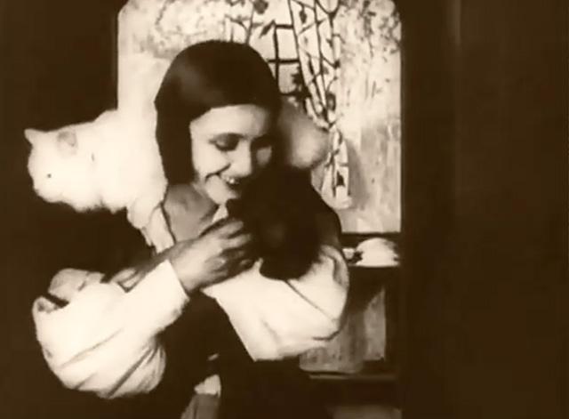 Destiny - woman Lil Dagover with longhair white cat on shoulder and puppy in her arms