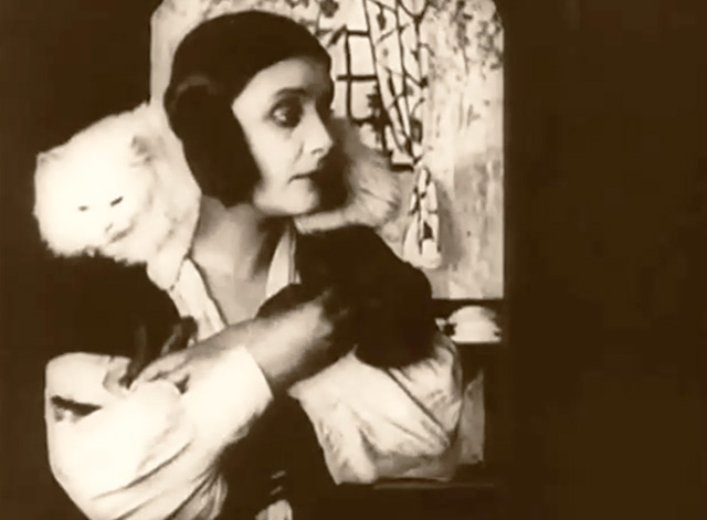 Destiny - woman Lil Dagover with longhair white cat on shoulder and puppy in her arms