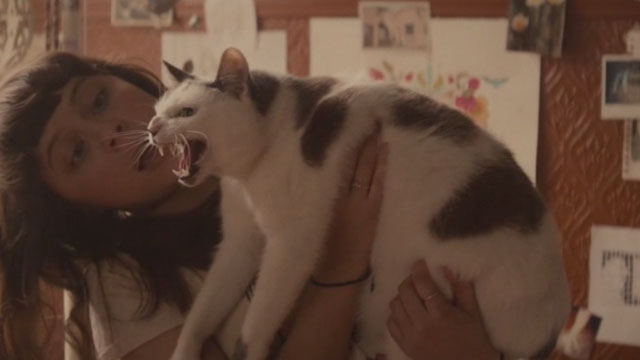 Diary of a Teenage Girl - grey and white cat Domino Willie hissing while held by Minnie Bel Powley