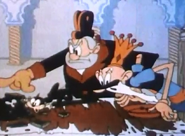Dick Whittington's cat - ship commander pointing out rats to cartoon black cat