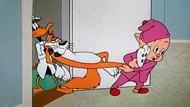 Dime to Retire - Daffy Duck holding ginger and white cartoon cat by scruff at door with Porky Pig trying to pull cat inside