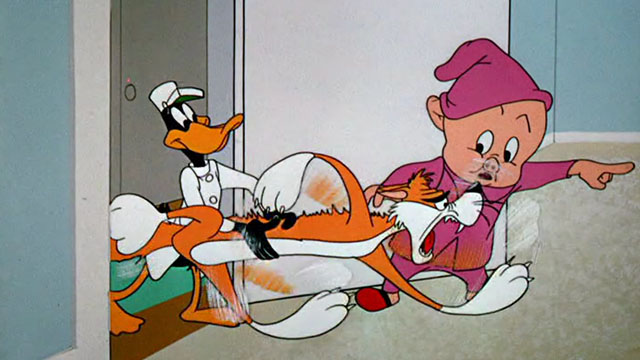 Dime to Retire - Daffy Duck with ginger and white cartoon cat running into room past Porky Pig