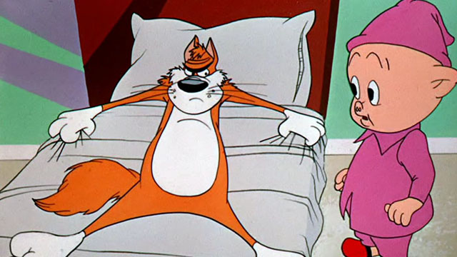 Dime to Retire - Porky Pig with ginger and white cartoon cat hanging onto bed