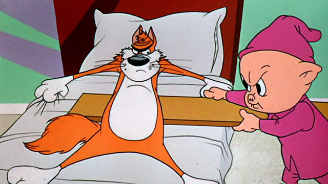 Dime to Retire - Porky Pig placing board under ginger and white cartoon cat hanging onto bed