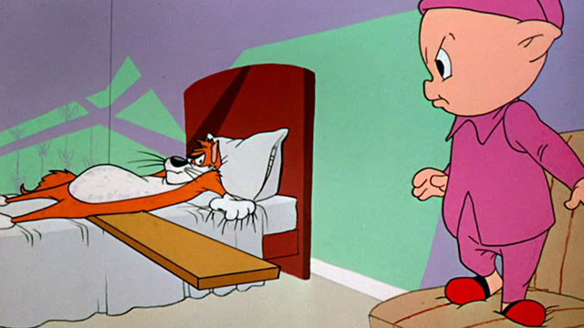 Dime to Retire - Porky Pig about to jump on board under ginger and white cartoon cat hanging onto bed