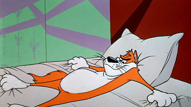 Dime to Retire - ginger and white cartoon cat hanging onto bed