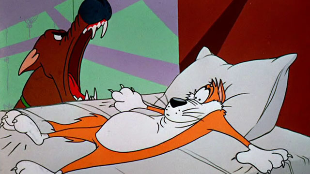 Dime to Retire - ginger and white cartoon cat hanging onto bed scared by large bulldog