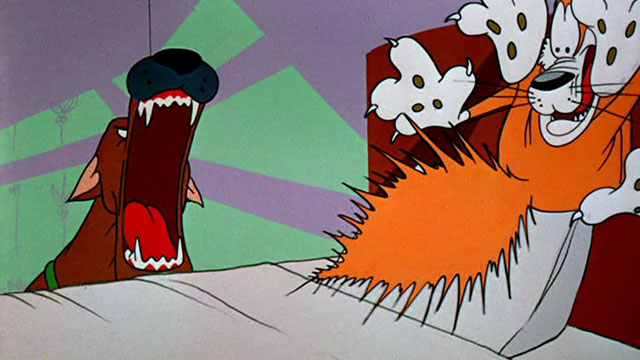 Dime to Retire - ginger and white cartoon cat terrified of bulldog over bed