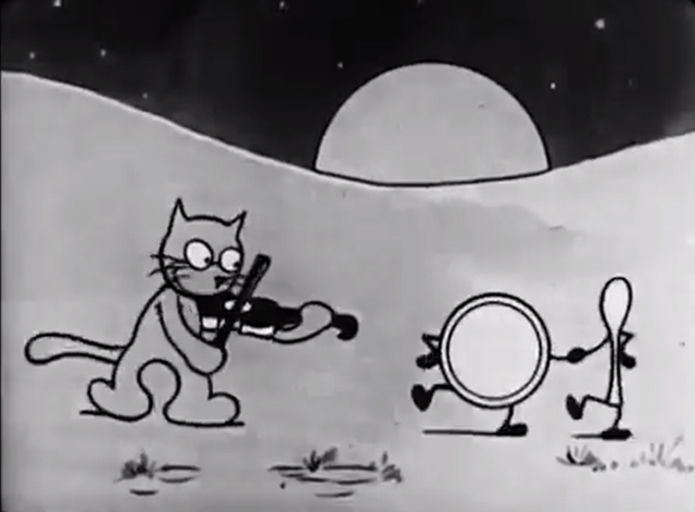 Dinky Doodle's Bedtime Story - cartoon cat playing fiddle with plate and spoon