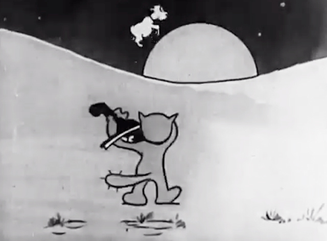 Dinky Doodle's Bedtime Story - cartoon cat playing fiddle with cow jumping over moon