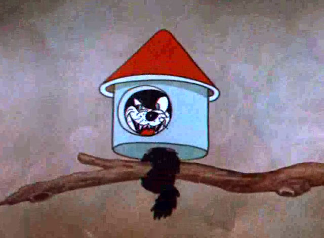 The Discontented Canary - mangy cartoon black cat hiding in bird house