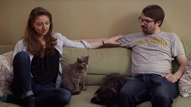 Discontinuity - Tabitha Sam Howard and Stephen Ben Johnson on couch with cats