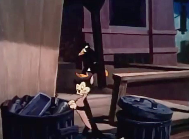Donald's Crime - Donald Duck walking down street with black cat in garbage can
