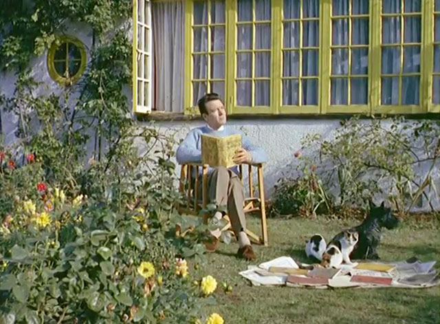 Donald Sinden at Home - actor sitting on front lawn with two calico cats and Scottish Terrier