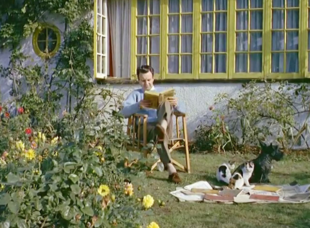 Donald Sinden at Home - actor sitting on front lawn with two calico cats and Scottish Terrier