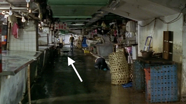 Dong - The Hole - man Kang-sheng Lee walking down market walkway as cat crosses ahead of him