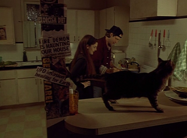 Doppelganger - Holly Drew Barrymore and Patrick George Newbern in kitchen with tabby cat Nathan on bar