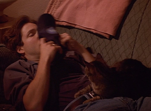 Doppelganger - Patrick George Newbern waking up from bad dream with tabby cat Nathan on his chest