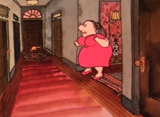 Down and Dirty Duck - cartoon landlady looking at ginger cat Daisy in front of door at end of hall