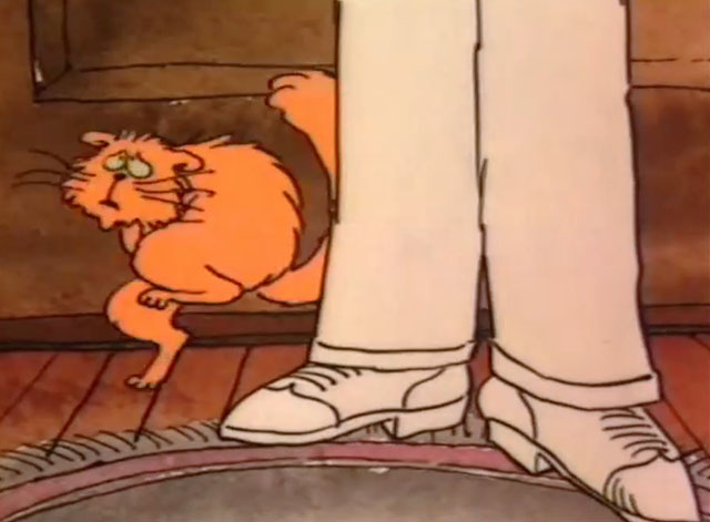 Down and Dirty Duck - cartoon ginger cat Daisy having to pee in front of door