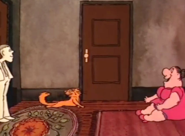 Down and Dirty Duck - cartoon ginger cat Daisy looking desperate in hall with Willard and landlady