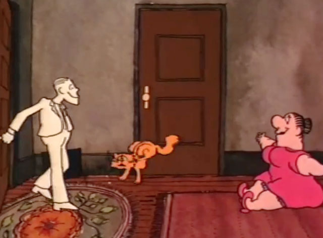 Down and Dirty Duck - cartoon ginger cat Daisy ready to run out door past Willard with landlady
