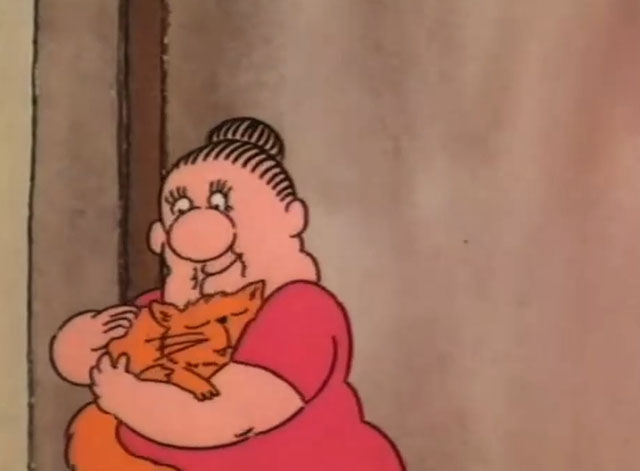 Down and Dirty Duck - cartoon landlady holding ginger cat Daisy