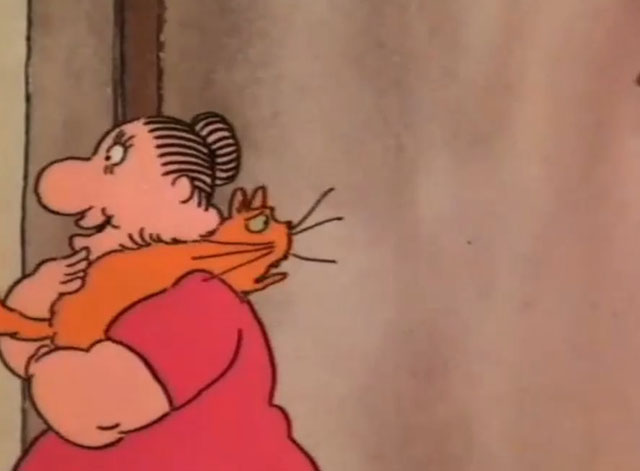 Down and Dirty Duck - cartoon landlady walking away with worried ginger cat Daisy