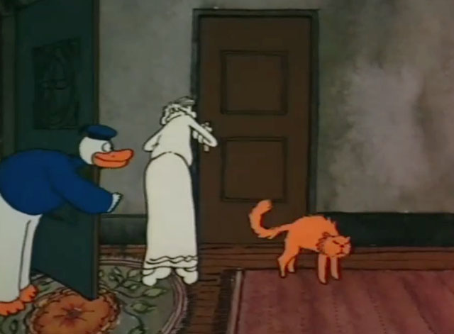 Down and Dirty Duck - cartoon ginger cat Daisy moving away from Duck and Willard in hallway