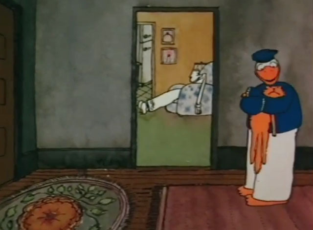 Down and Dirty Duck - cartoon ginger cat being held by Duck in hallway with Willard in room
