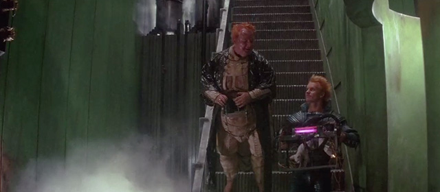 Dune - Baron Vladimir Harkonnen Kenneth McMillan and Feyd Rautha Sting going down stairs with hairless white cat in contraption