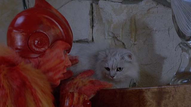 Earth Girls Are Easy - Wiploc Jim Carrey with white Angora cat Bambi on mantel